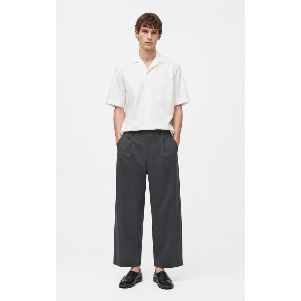 COS Mens Pleated Cotton Relaxed-Fit Wide-Leg Trousers Grey Anthracite 34R NEW